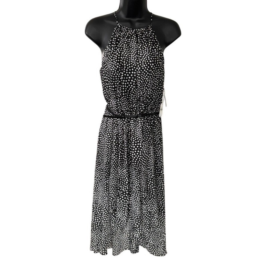 NWT Maggy London Polka Dot Chiffon Dress Size 4 Black White Halter